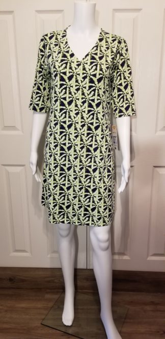 Elbow Sleeve V Neck Dress: Lime/Navy Palm
