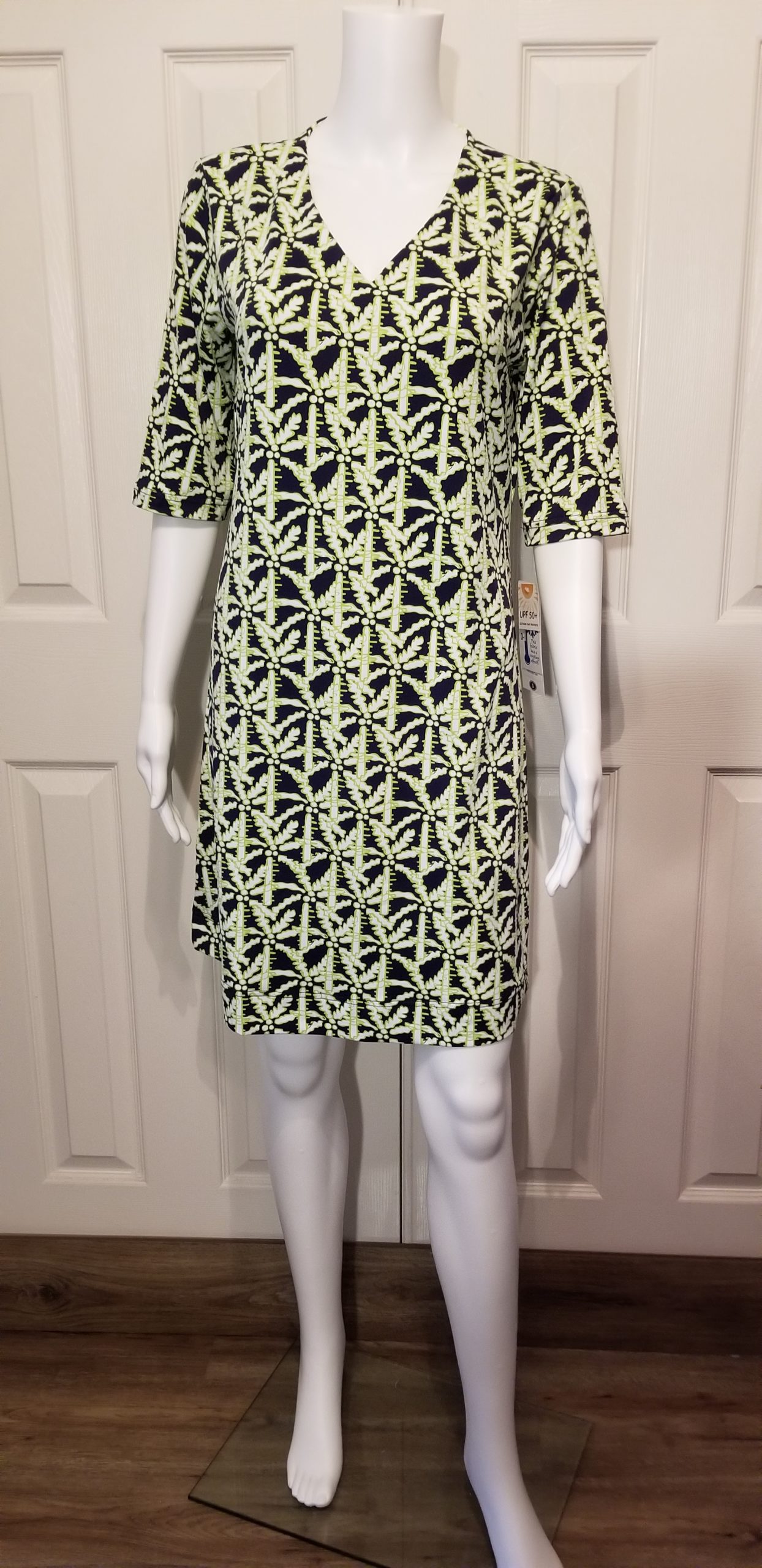 Elbow Sleeve V Neck Dress: Lime/Navy Palm