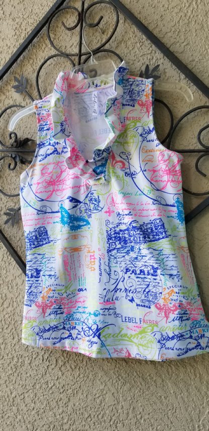 Ruffle V Neck Top in Paris Print