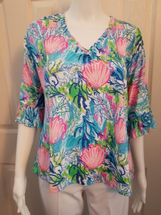 Ruffle Slv Top: Multi Corals