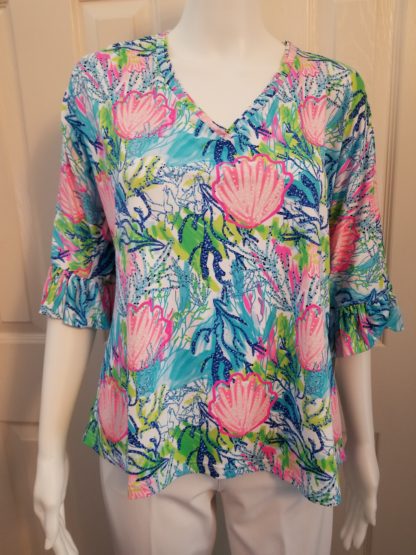 Ruffle Slv Top: Multi Corals